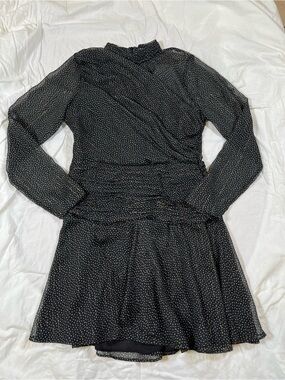 Zara Sheer Black polka dot long sleeve dress ruched waist size M‎